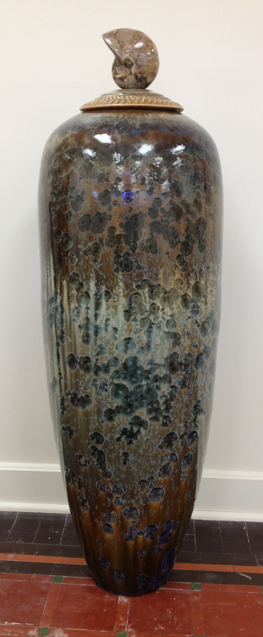 53 inch tall Lidded Vessel with Real Nautalis Fossil Crystal