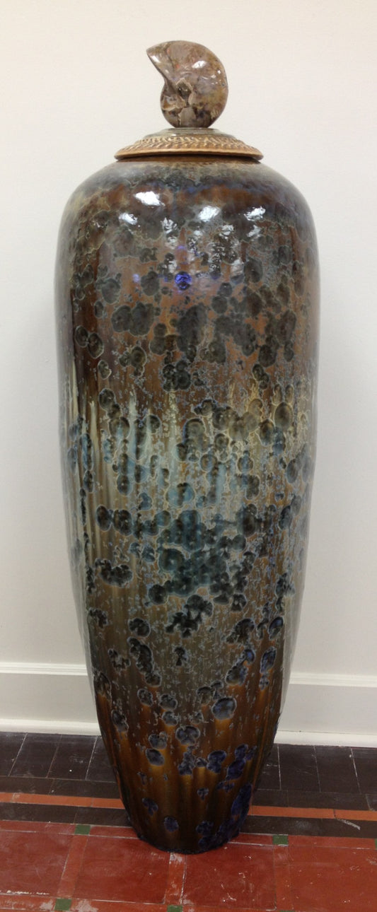 53 inch tall Lidded Vessel with Real Nautalis Fossil Crystal